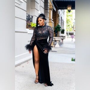 Gown made from a premium stretch-velvet fabric for skirt part with high slit.